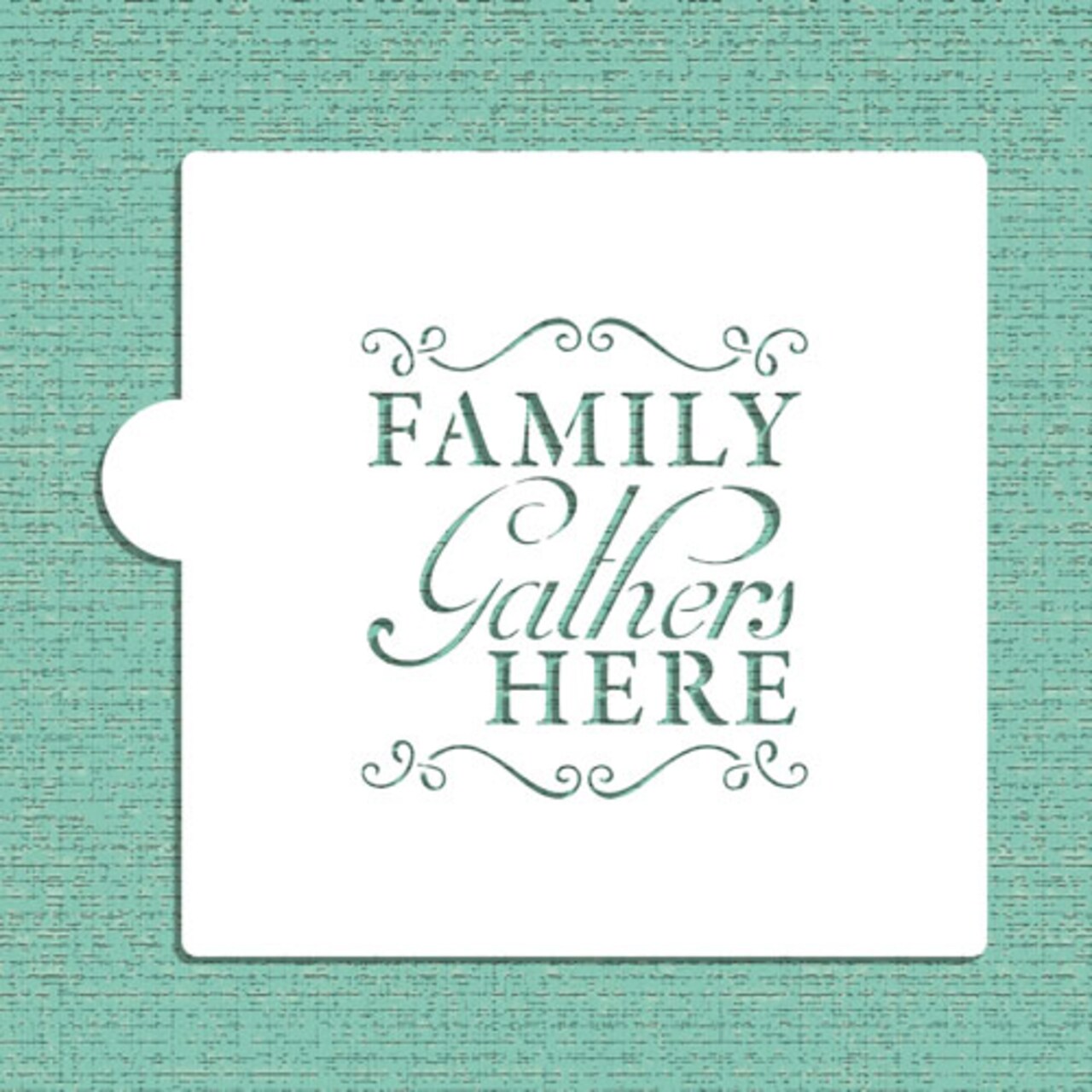 Family Gathers Here Cookie & Craft Stencil | CM026 by Designer Stencils | Cookie Decorating Tools | Baking Stencils for Royal Icing, Airbrush, Dusting Powder | Craft Stencils for Canvas, Paper, Wood | Reusable Food Grade Stencil